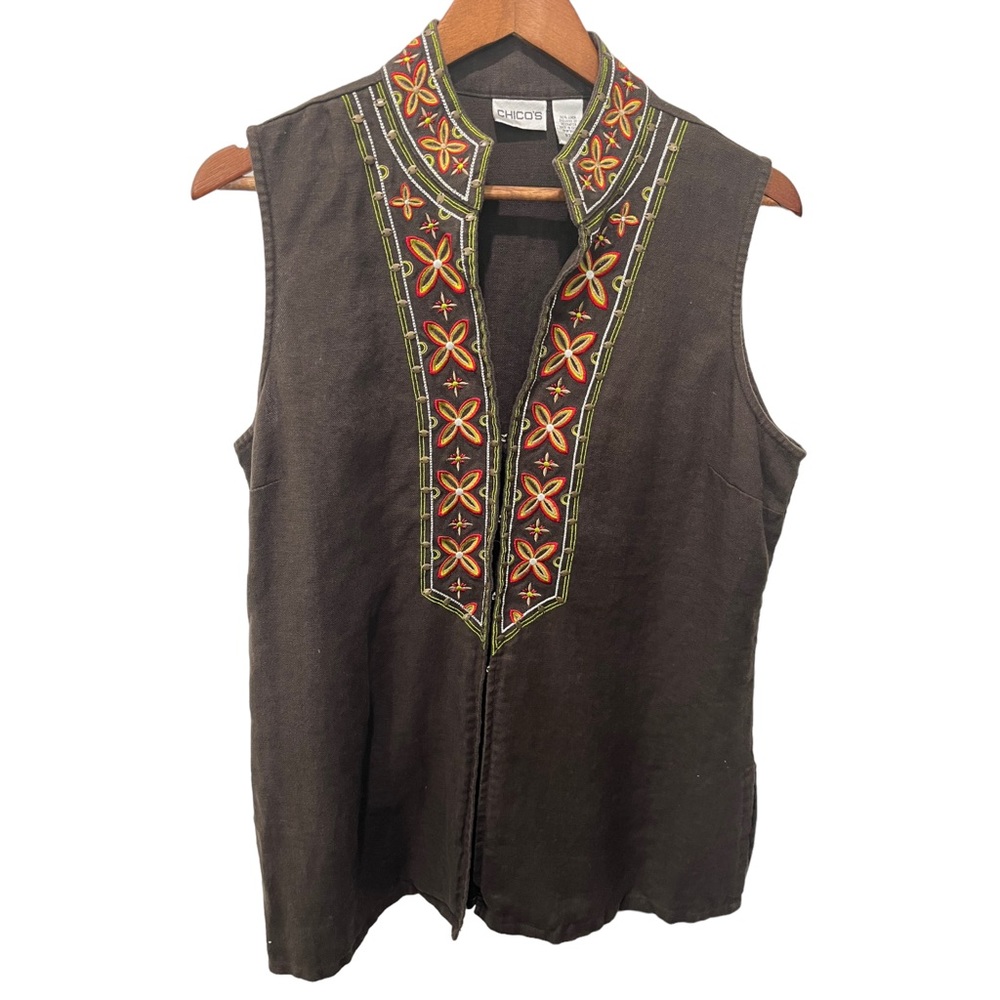 Chico's Black Sleeveless Blouse with Colorful Embroidery